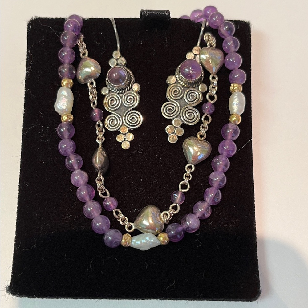 gorgeous amethyst silver gold pearl jewelry set. Two bracelets pair of earrings